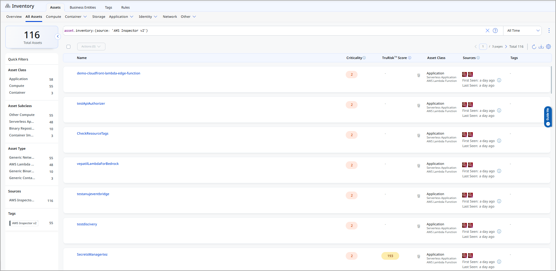 ETM Inventory screen showing AWS Inspector assets filtered by tag