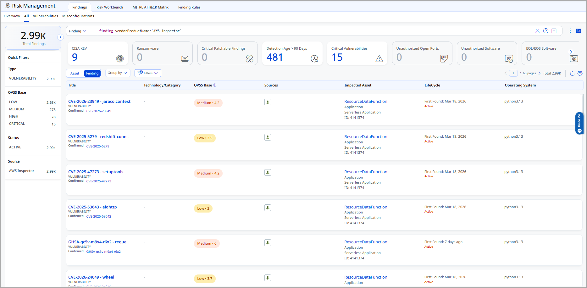ETM Risk Management Findings screen showing Amazon Inspector vulnerability findings