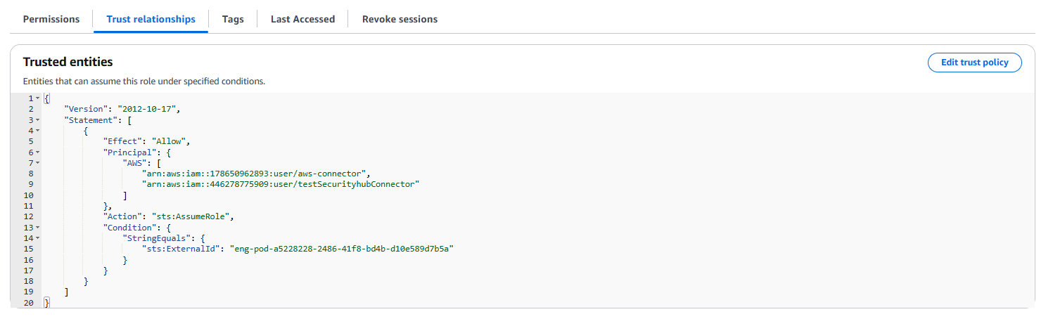 AWS IAM Trust Relationship configuration showing the Qualys AWS user account as a trusted entity