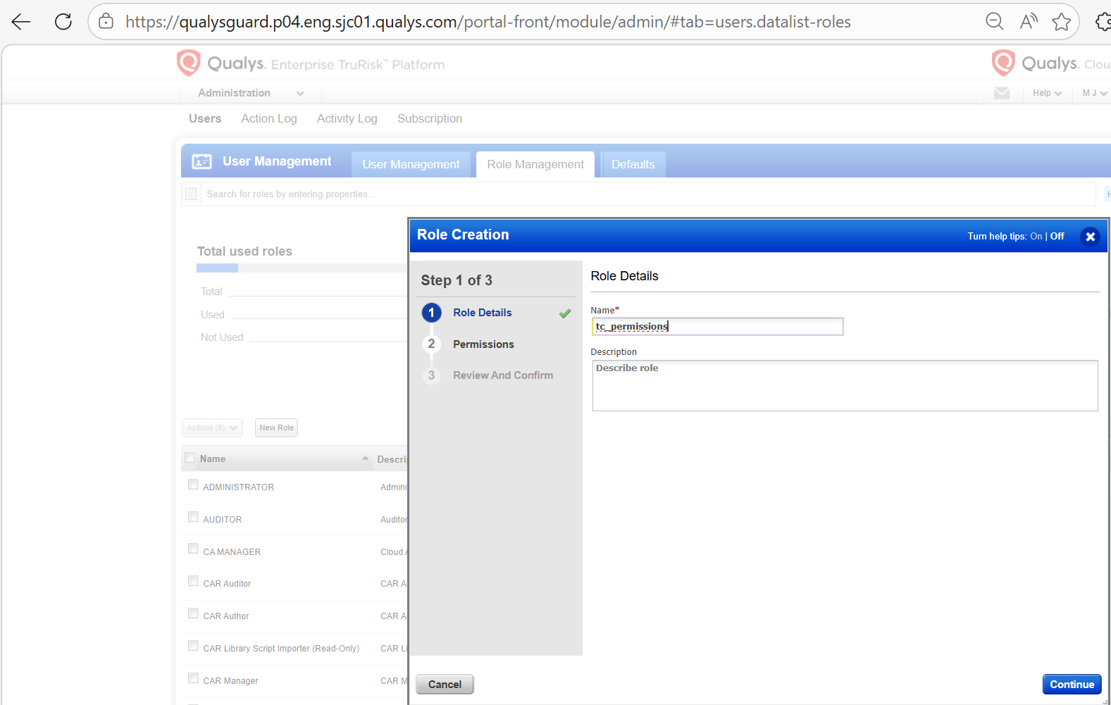 Role Management - Role Details page