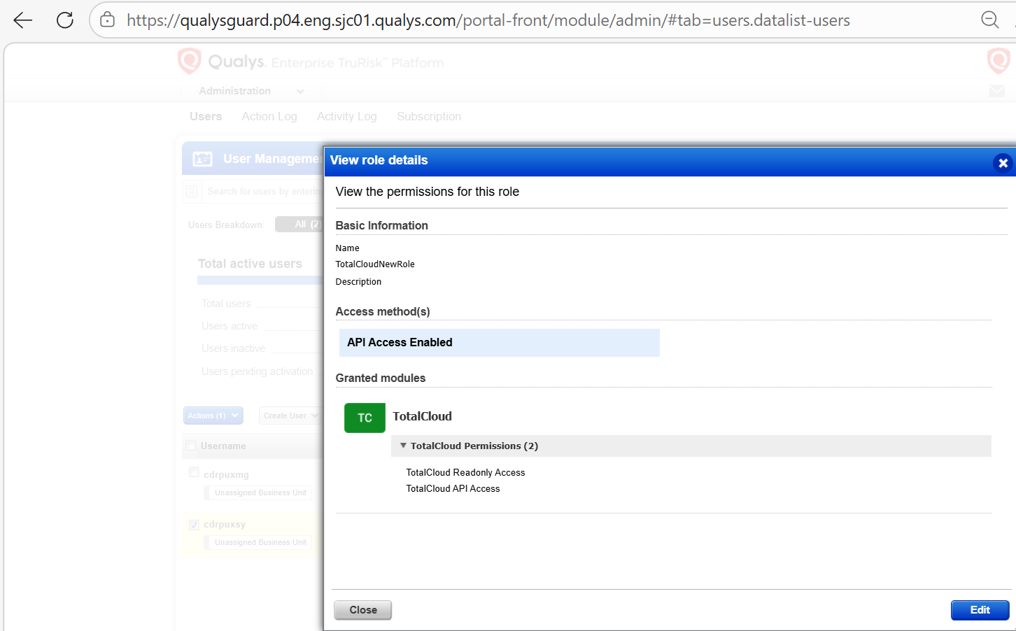 Viewing the permissions assigned to the created role