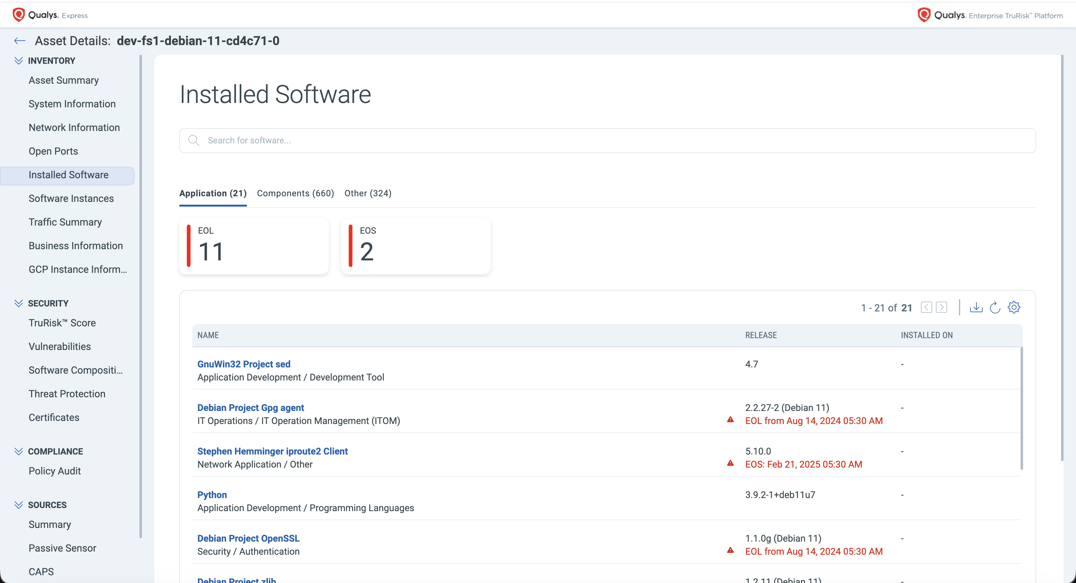 Installed Software panel under Inventory, showing Application, Components, and Other tabs along with EOL and EOS counts