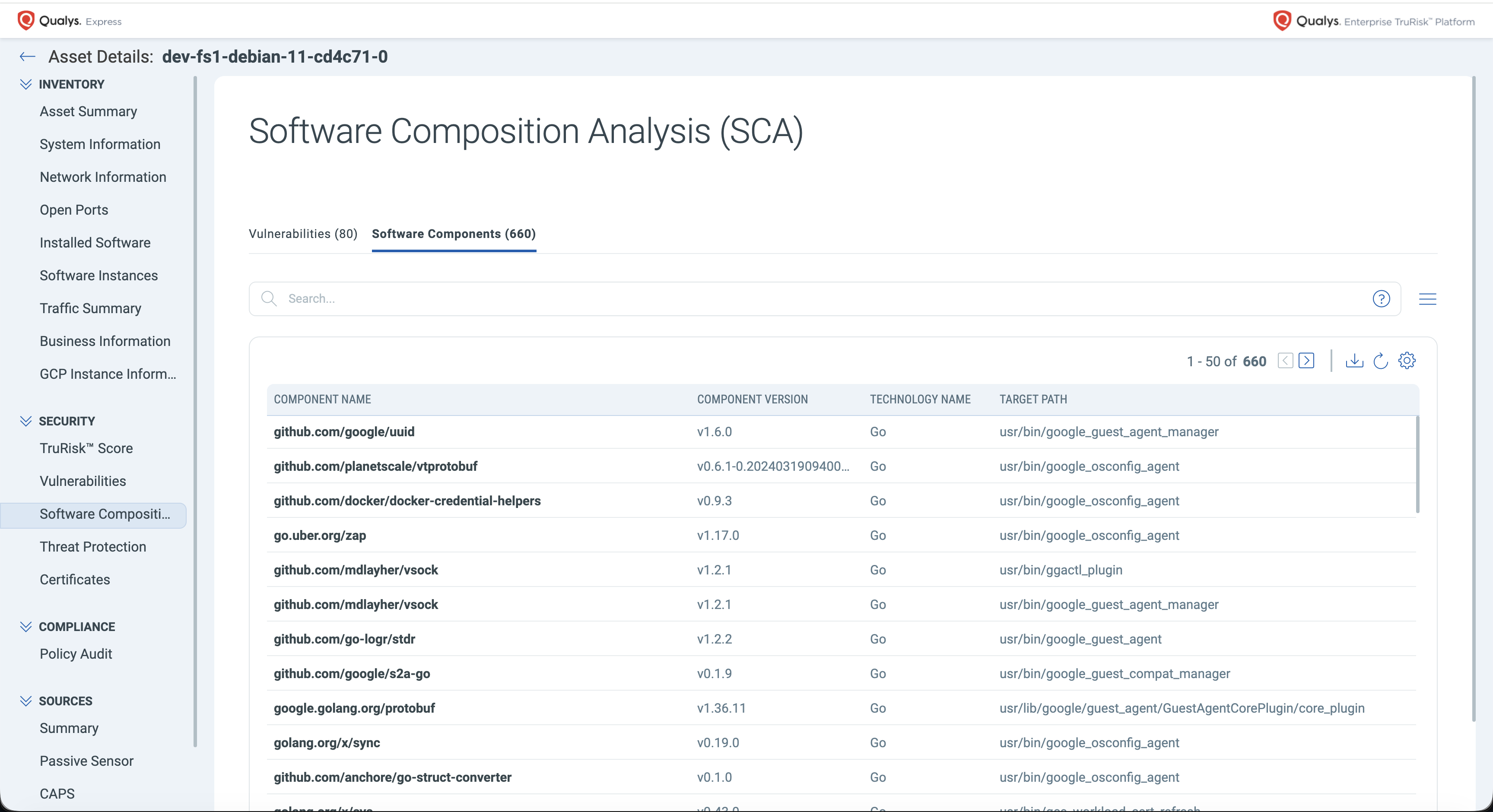 Software Composition Analysis tab, Vulnerabilities sub-tab, listing QIDs, titles, detected dates, and severity for open-source component vulnerabilities