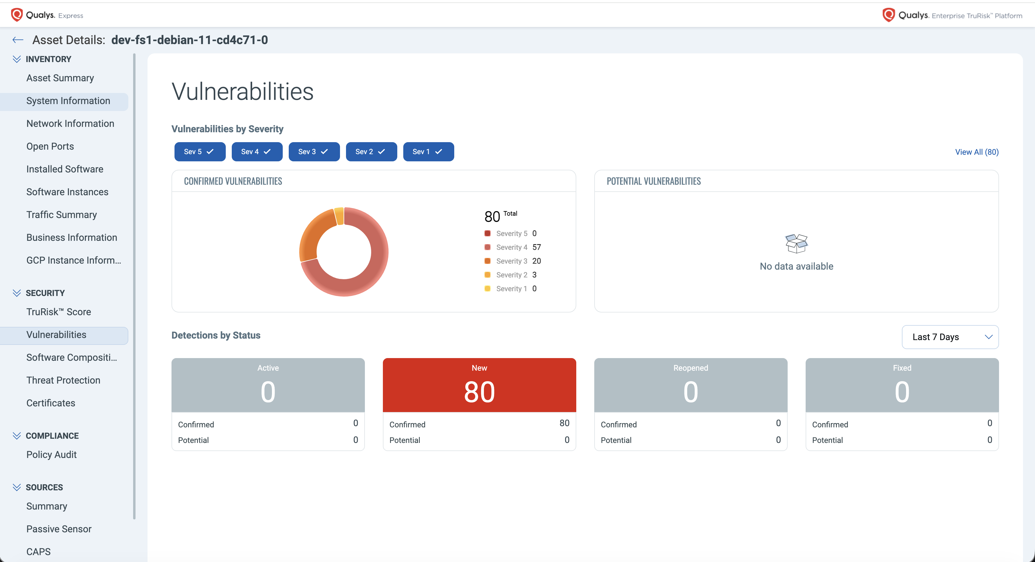 Vulnerabilities tab on the Asset Details page, showing a severity breakdown donut chart and Detections by Status panel for a GCP Compute Engine instance