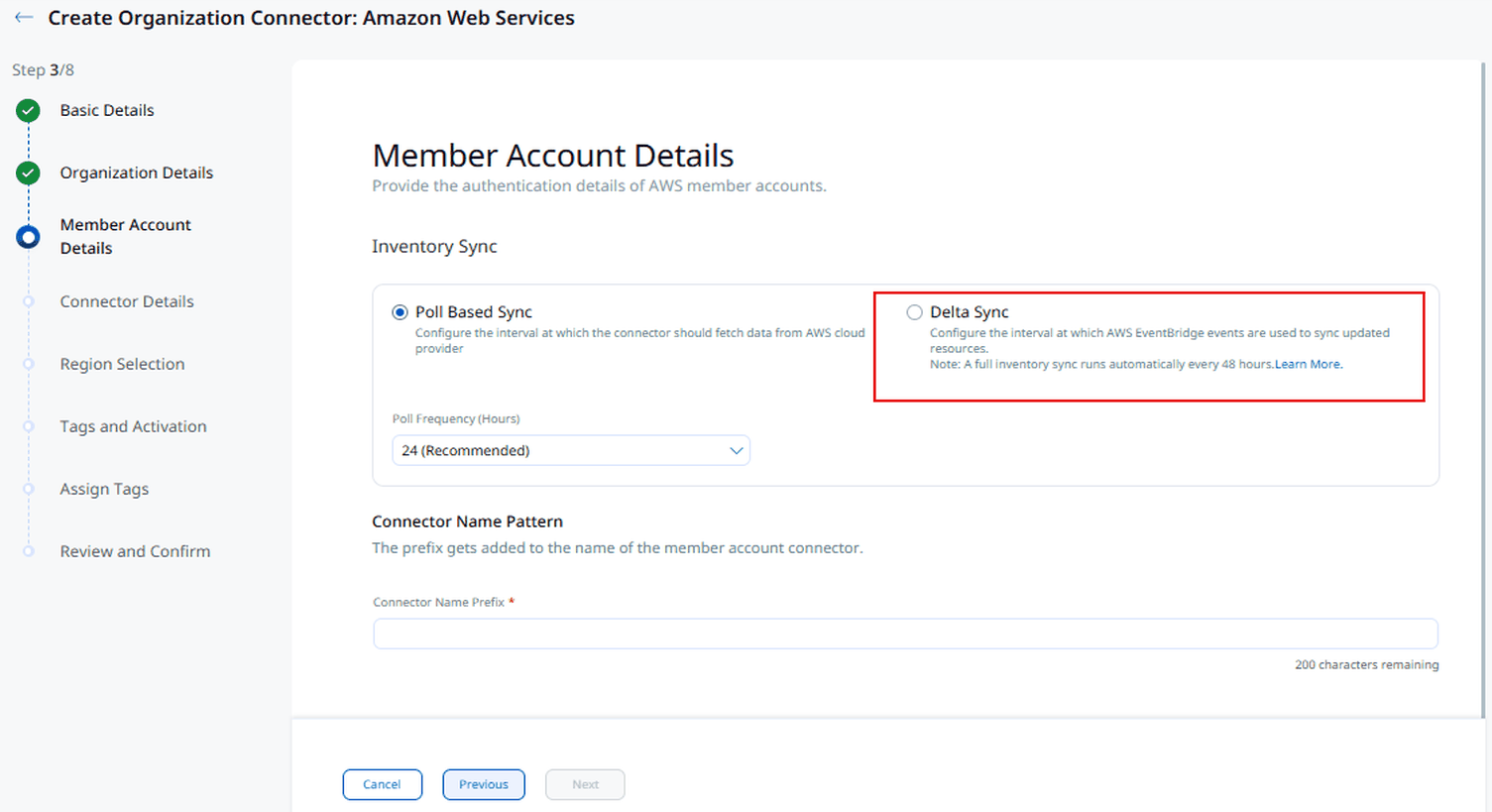 Delta Sync option on the Member Account Details step of the Organization Connector workflow