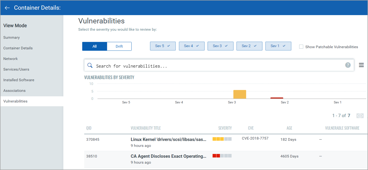 Vulnerabilities found on a container.