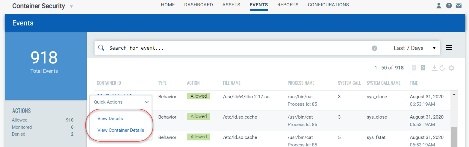 Quick Actions menu for events