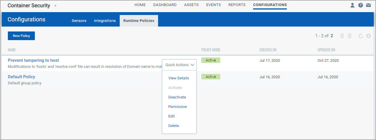 Quick Actions menu for Runtime Policies