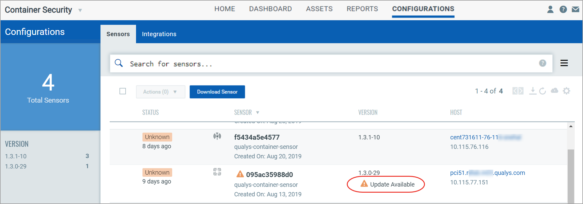Sensors list showing update available for sensors.