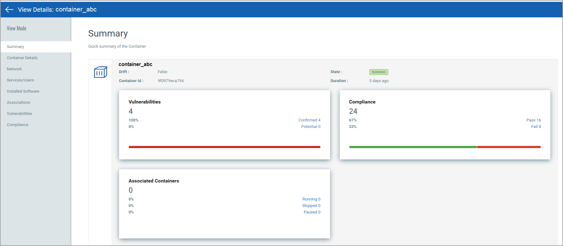 Summary section of container details