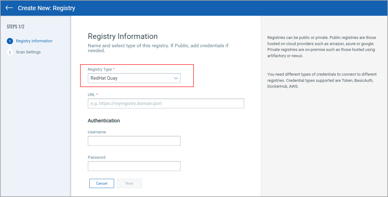 RedHat Quay registry type