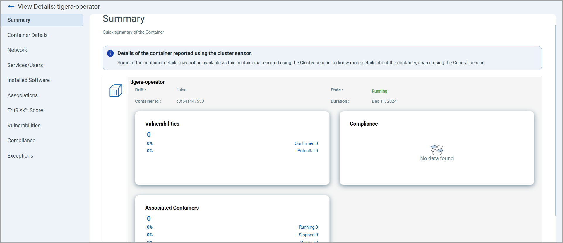Summary section of container details