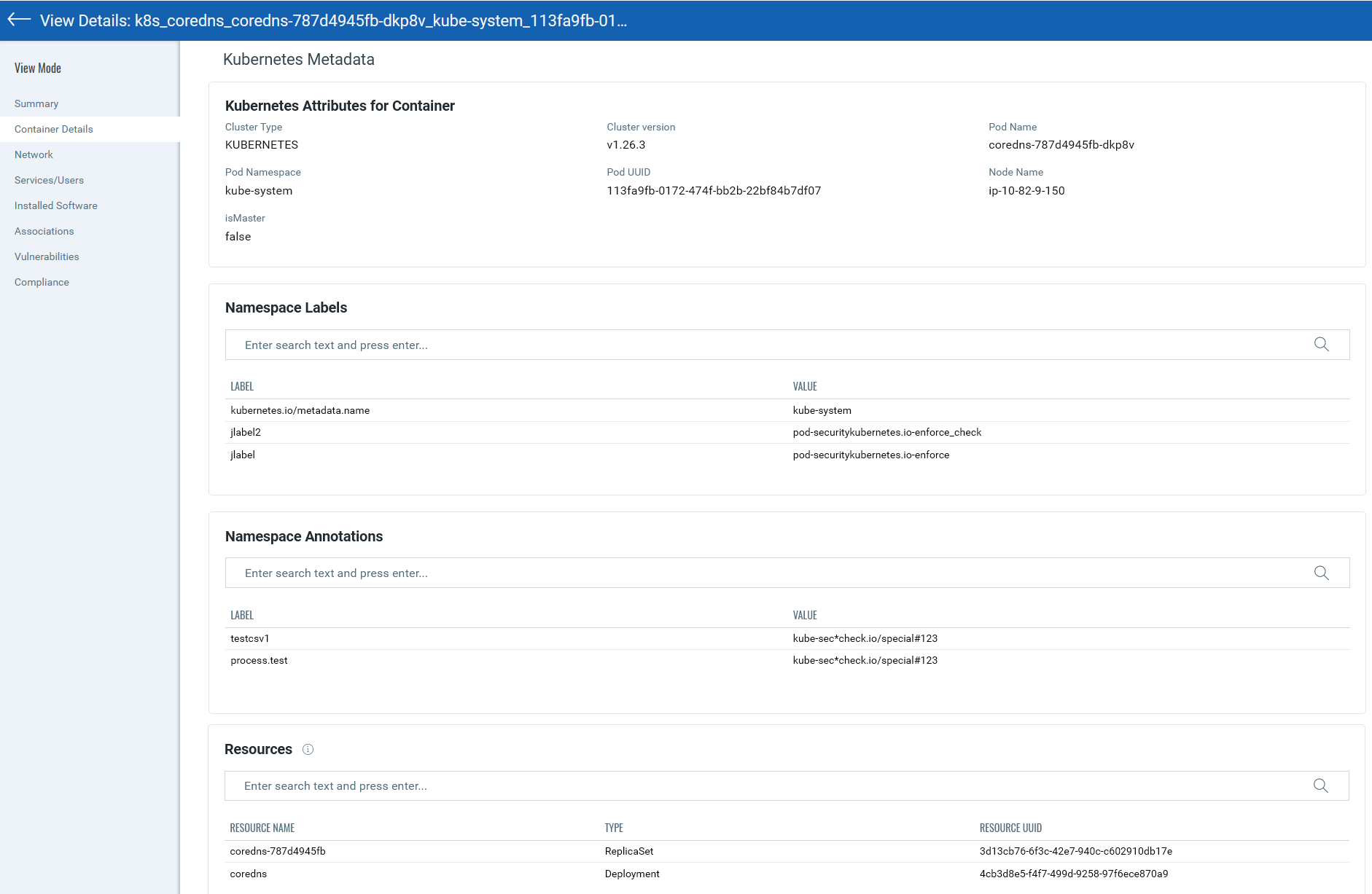 Kubernetes Metadata in Container Details