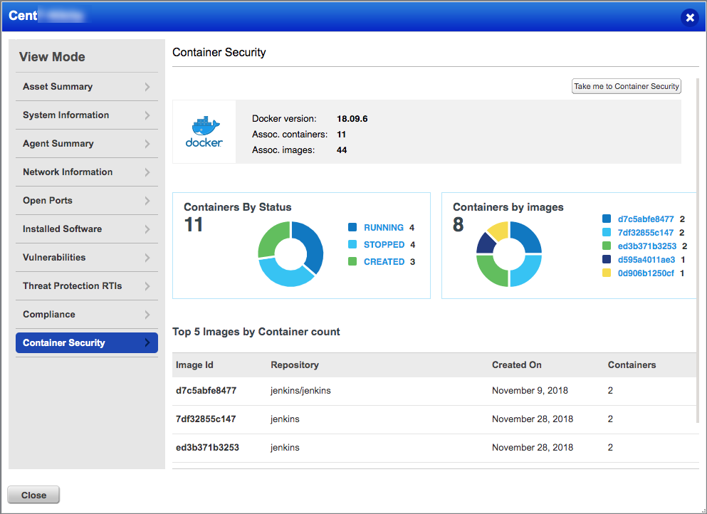 Asset Details - Container Security Tab