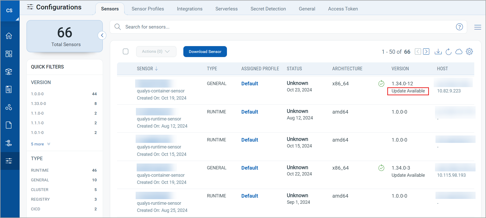 Sensors list showing update available for sensors.
