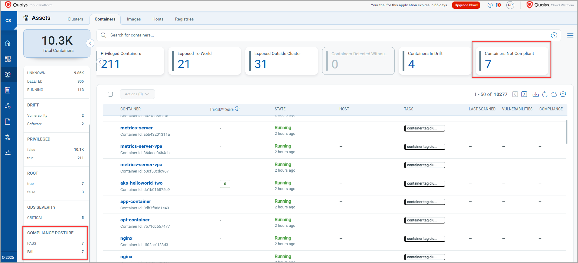 Containers list with Compliance