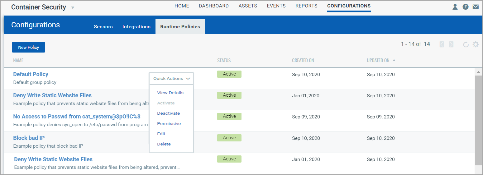 List of runtime policies