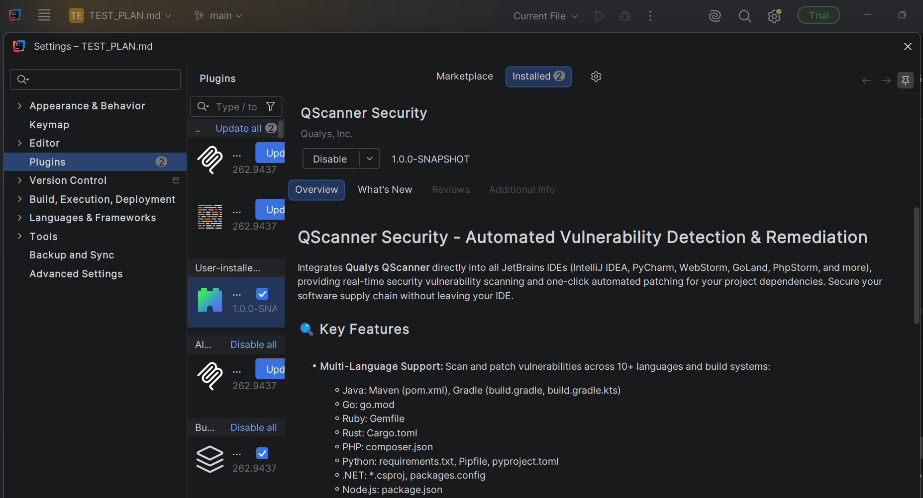 QScanner Security plugin installed in JetBrains Settings