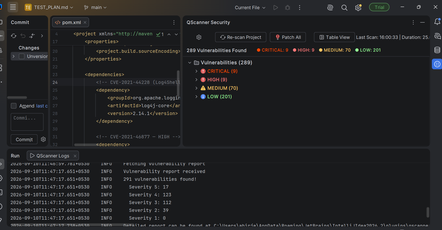 QScanner findings panel in JetBrains showing vulnerabilities by severity