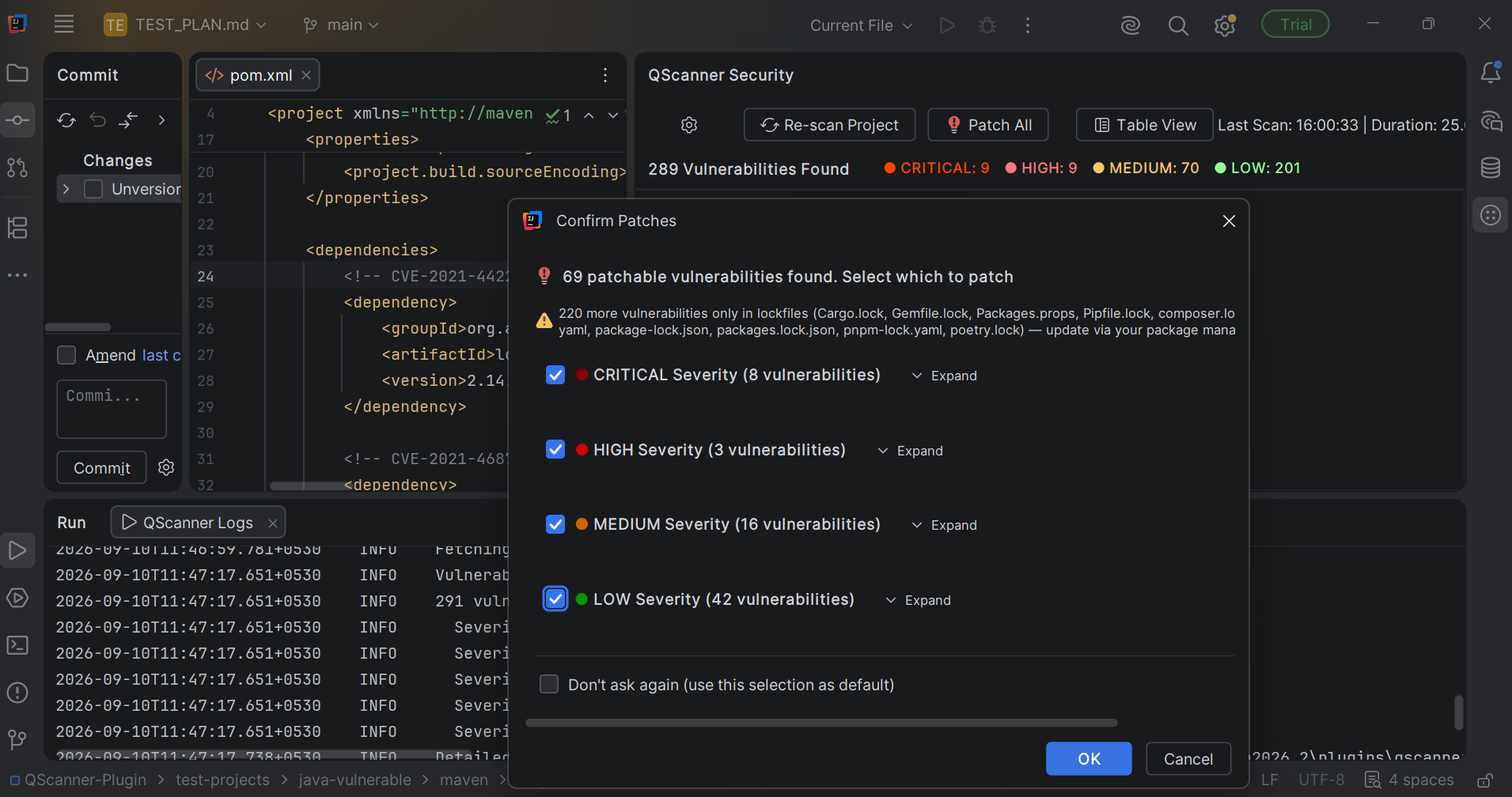 Confirm Patches dialog in JetBrains showing patchable vulnerabilities by severity
