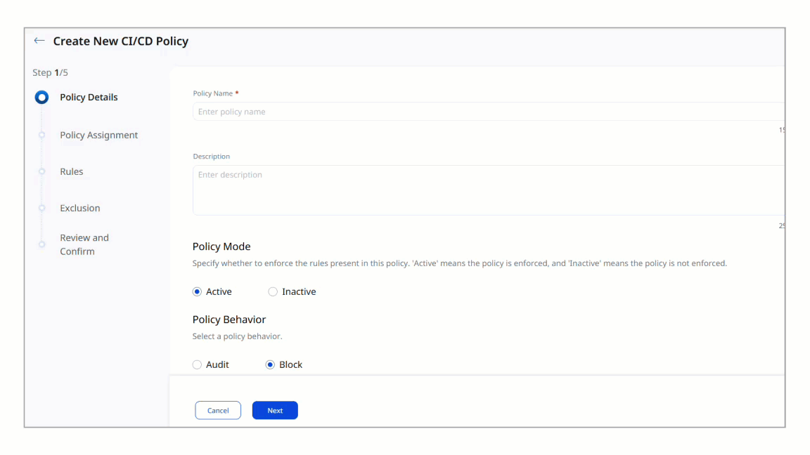 Multi-policy CI/CD Image Assessment policy creation showing Audit and Enforce modes
