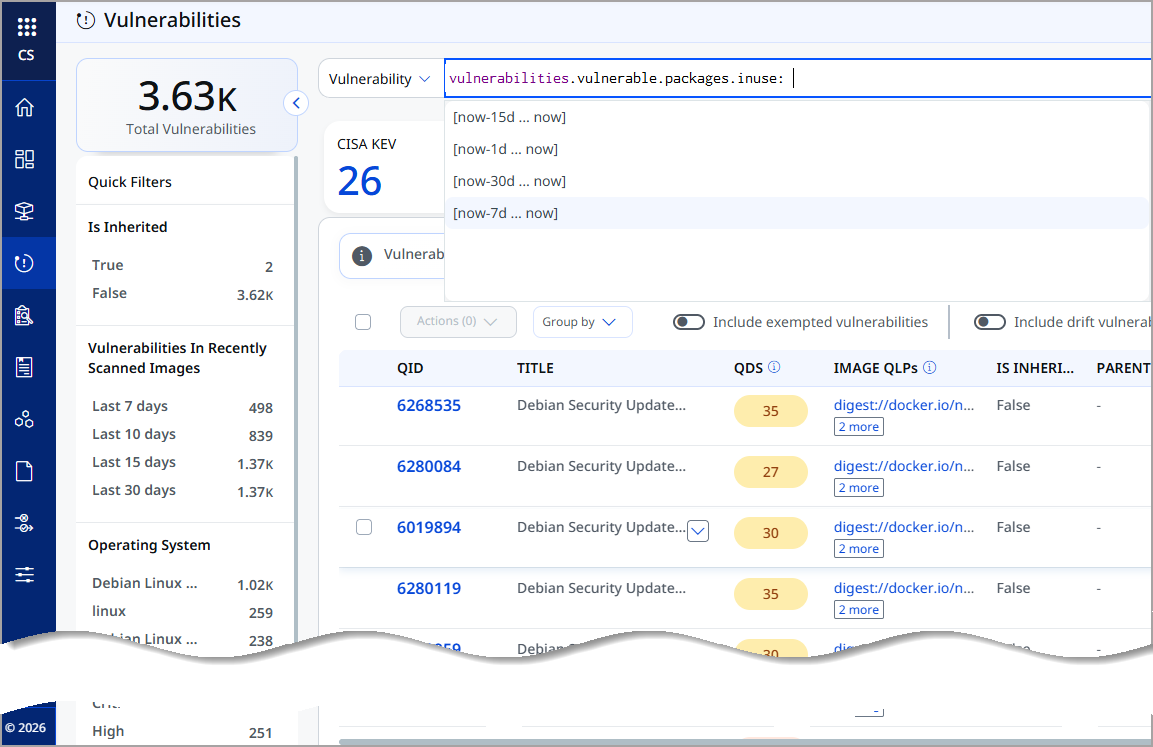 Vulnerability page showing package-in-use context for remediation prioritization