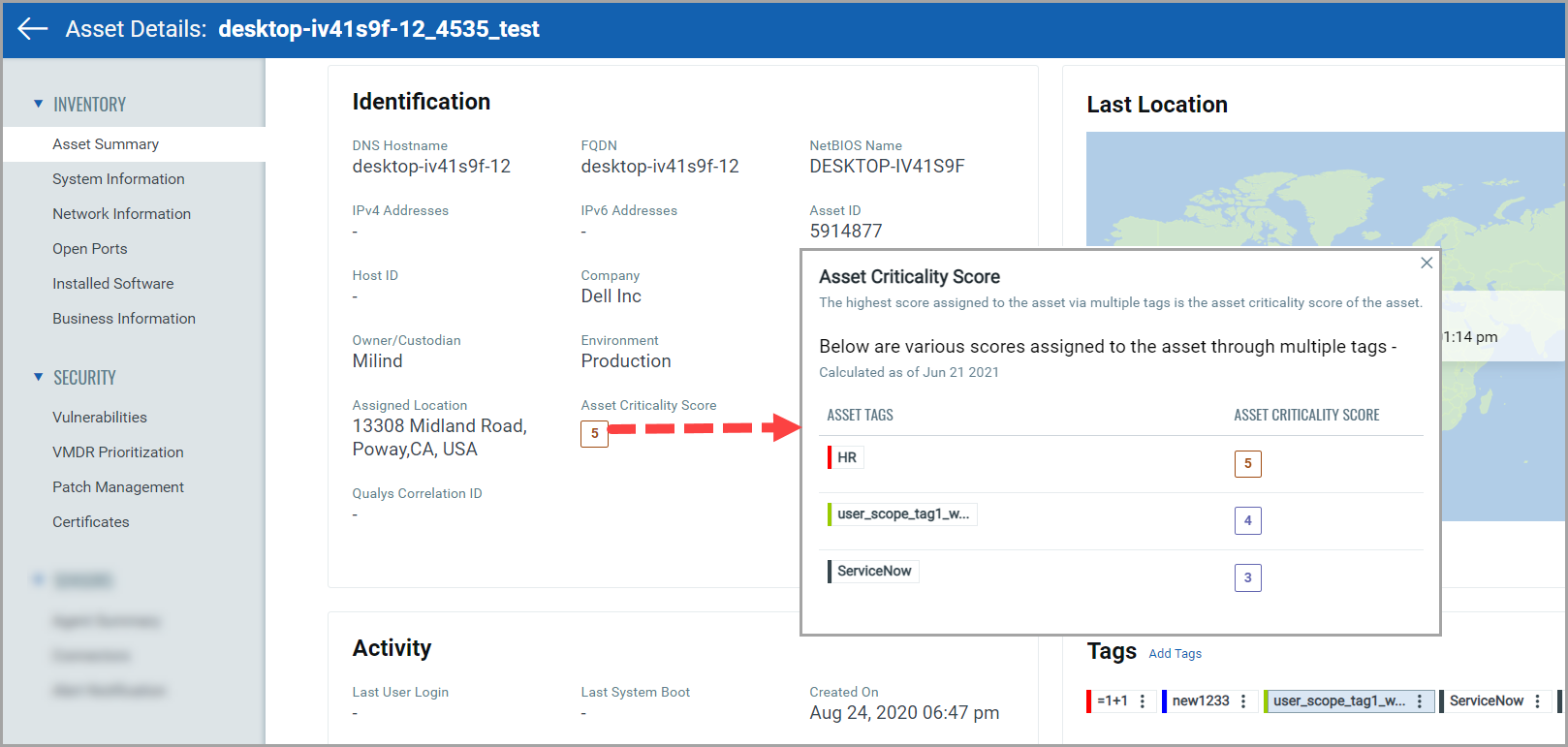 Asset criticality score