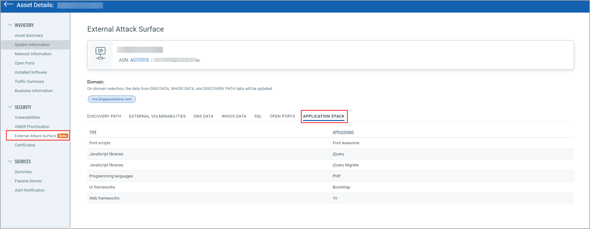 EASM Asset Details Application Stack