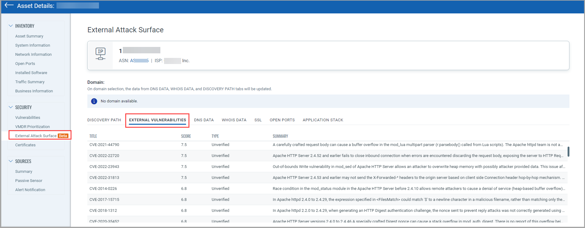 EASM Asset Details External Vulnerabilities