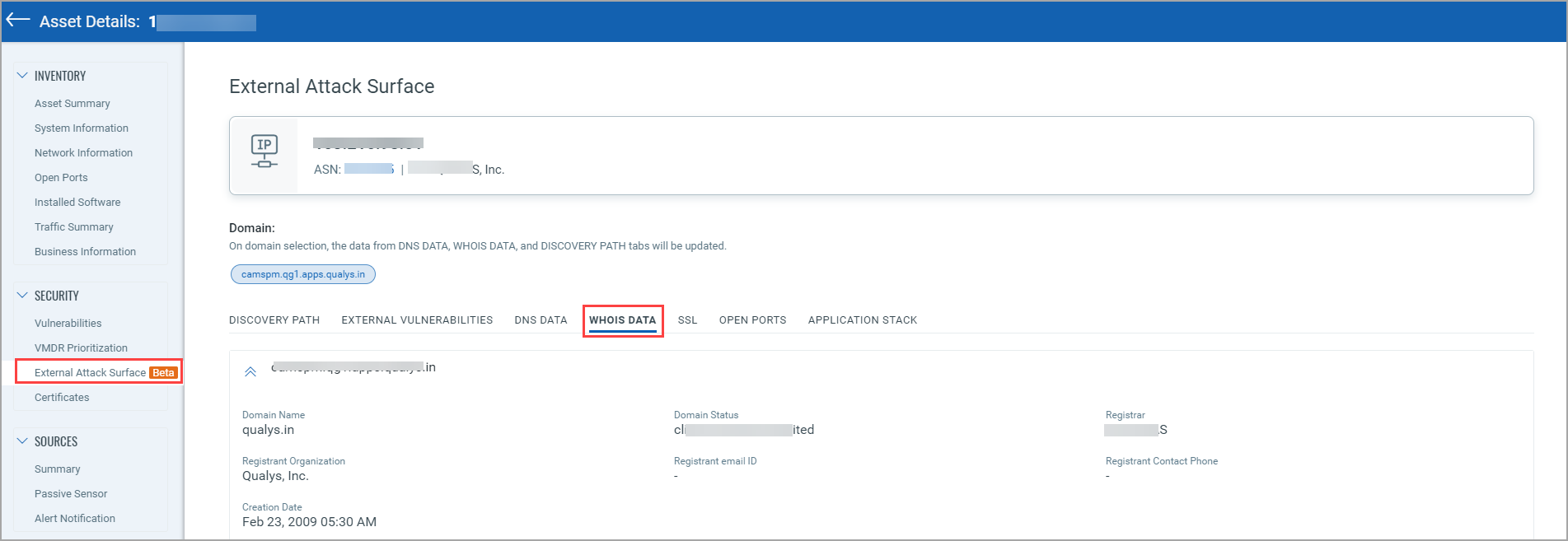 EASM Asset Details WHOIS Data