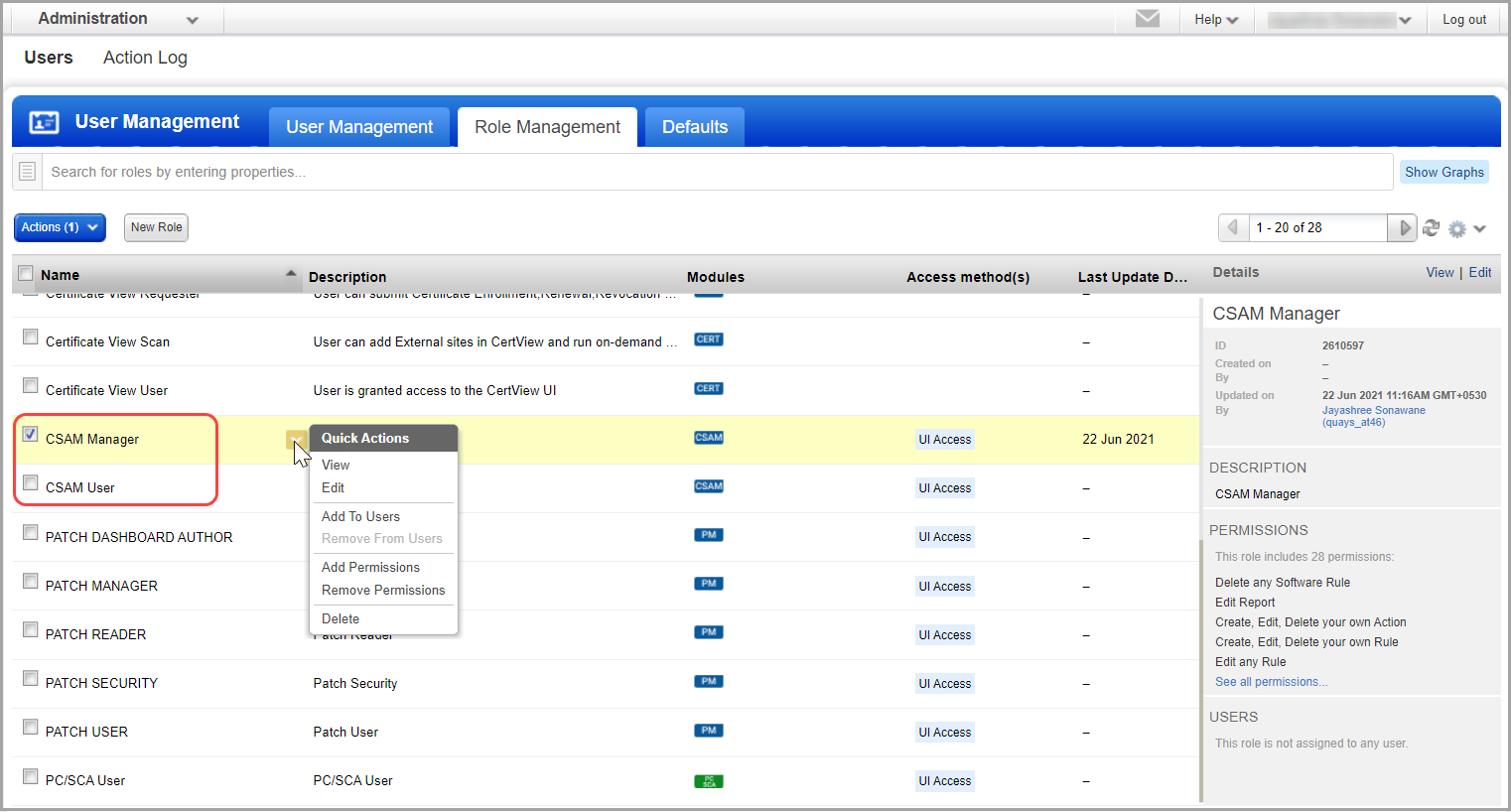 Roles in Administration utility and actions available for each role.