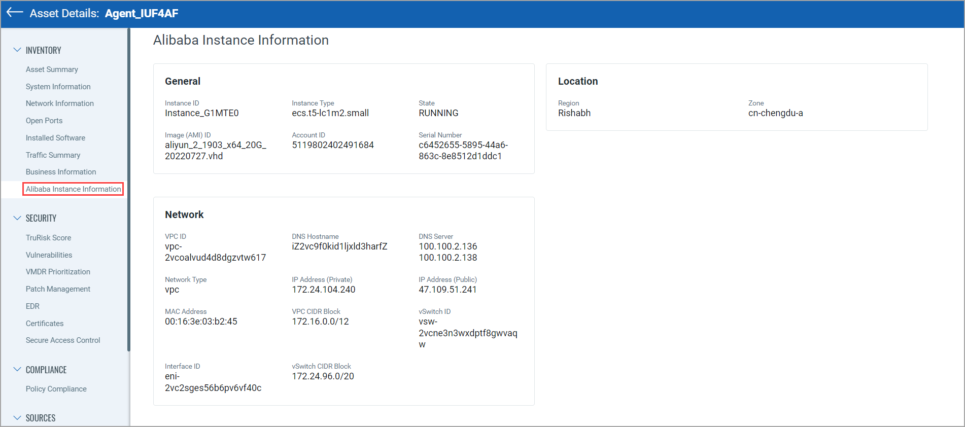 Alibaba instance details.