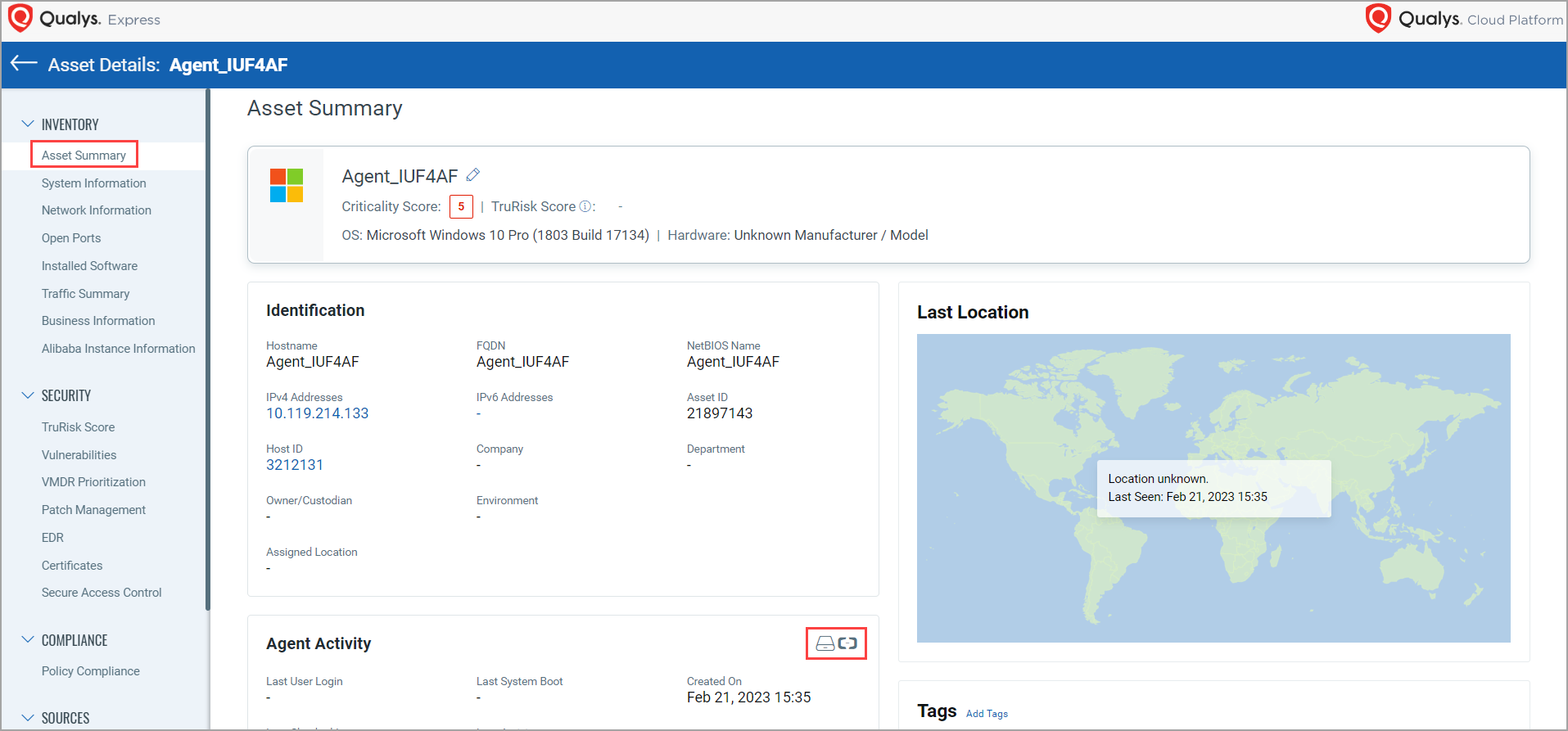 Cloud Agent and Alibaba icons on the Asset Summary tab.