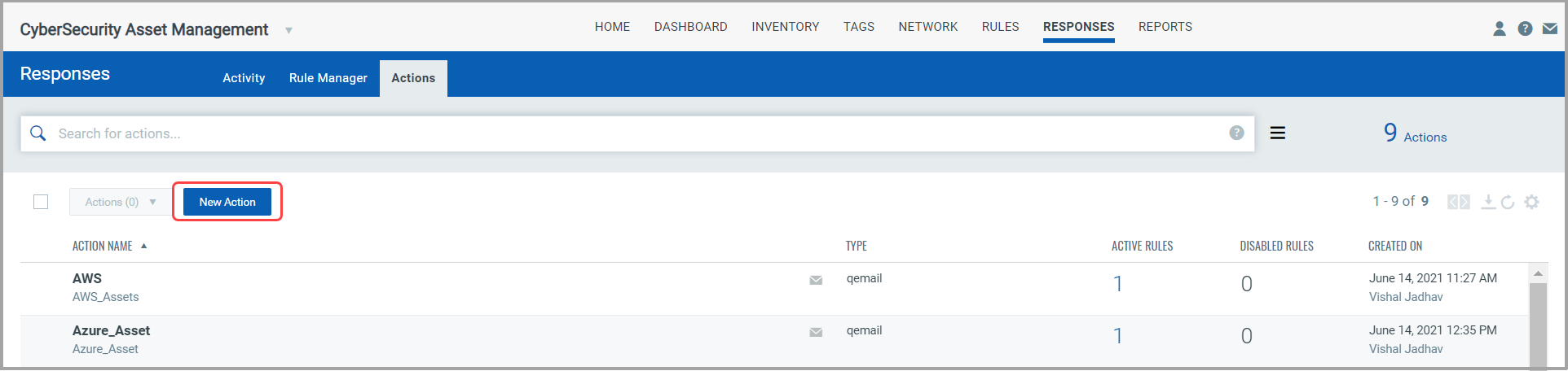 New Action button on the Actions tab under Rules tab.