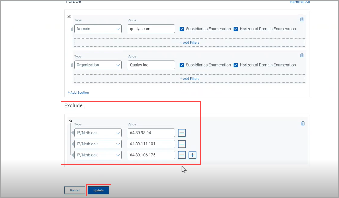 Exclusion of multiple IP addresses