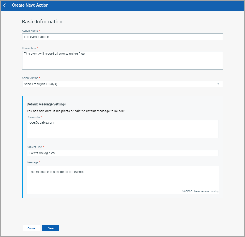 Create New Action screen.