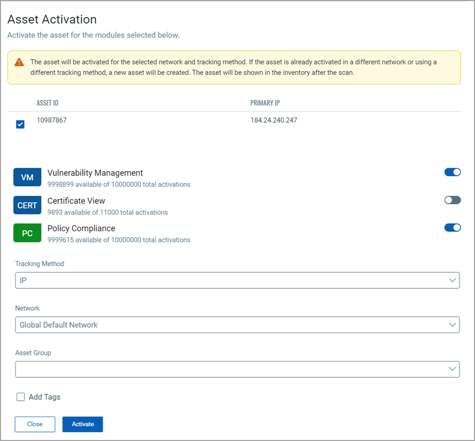 Activate asset popup.