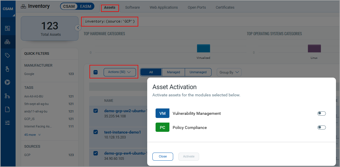 Multiple asset activation - Inventory Source GCP.