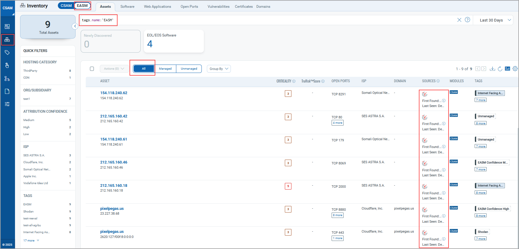 EASM assets from All tab.