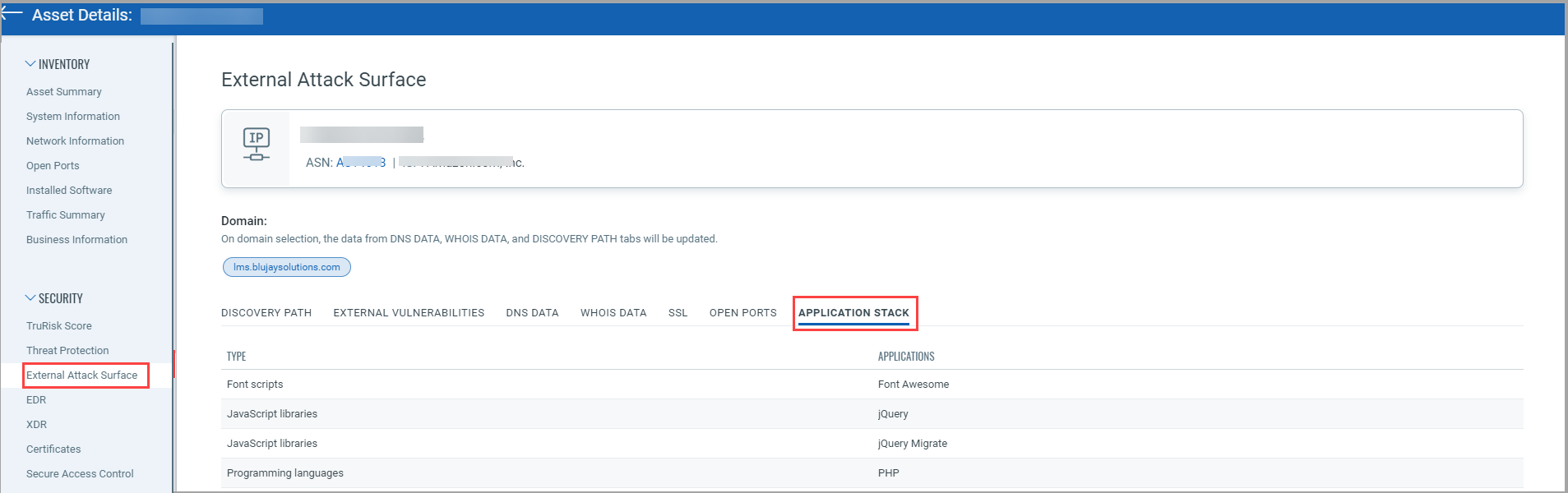 EASM Asset Details Application Stack