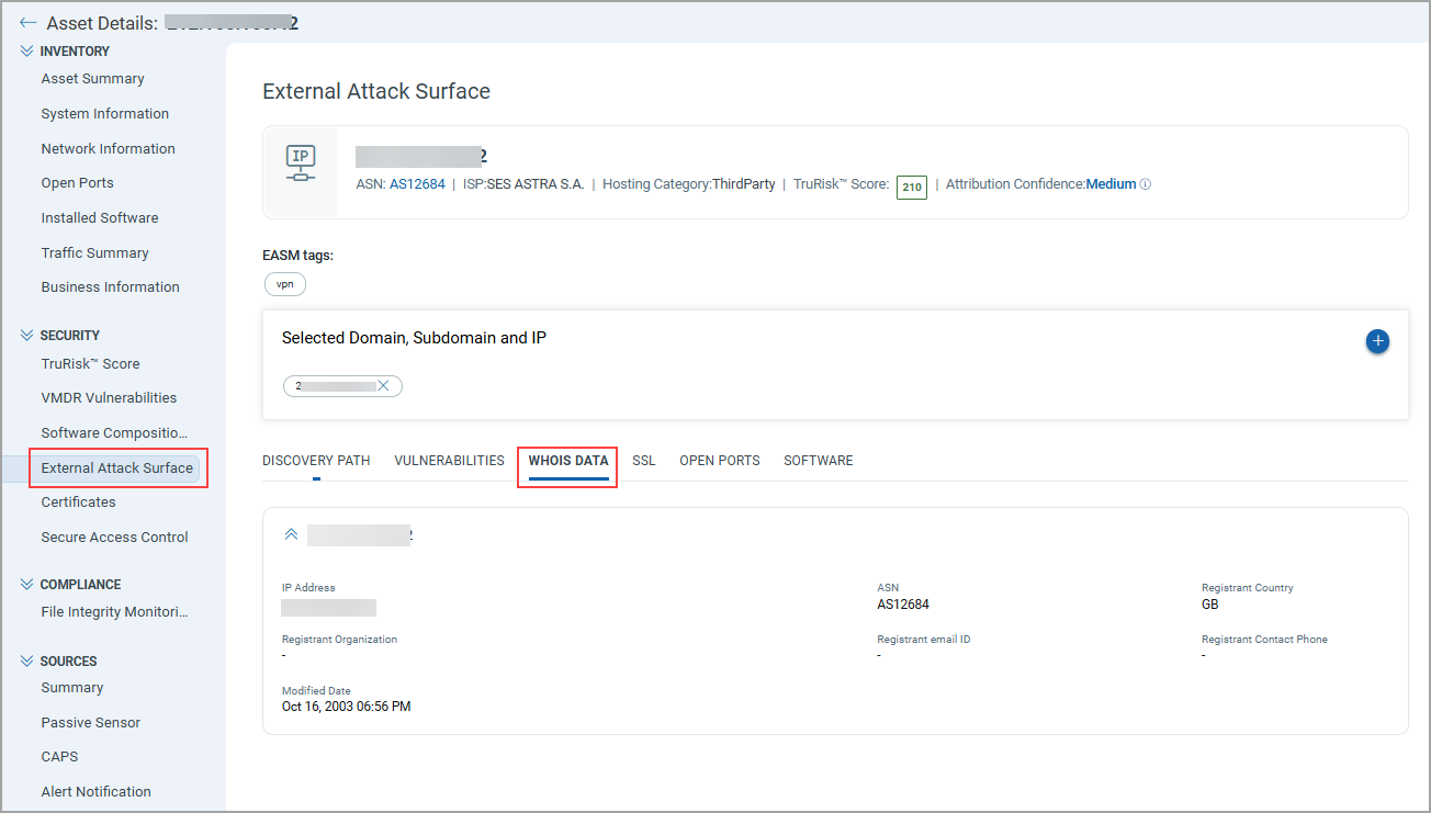 EASM Asset Details WHOIS Data