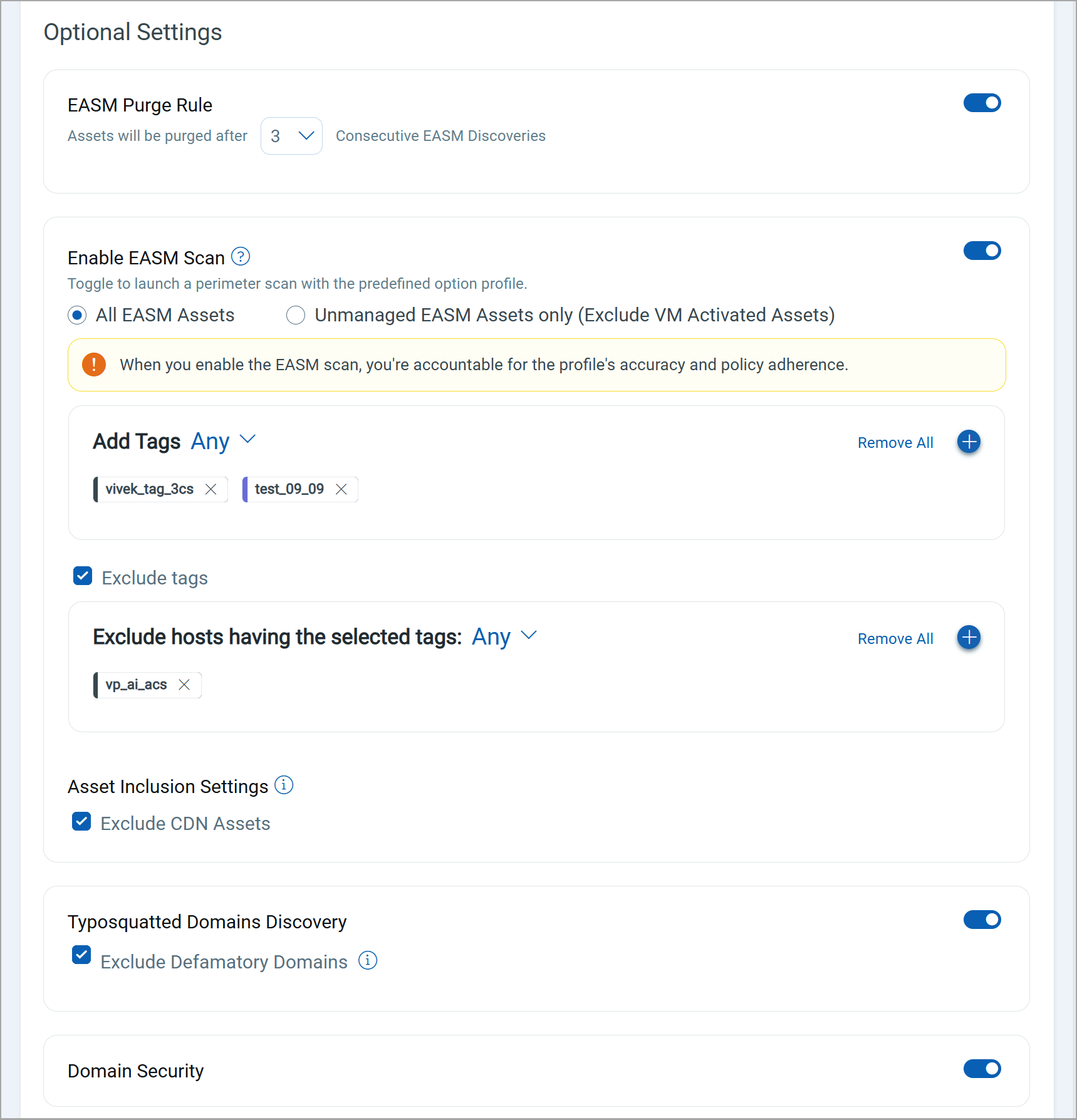 EASM profile optional settings.