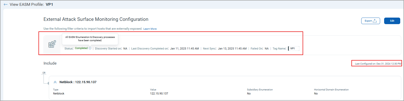 EASM discovery statuses.