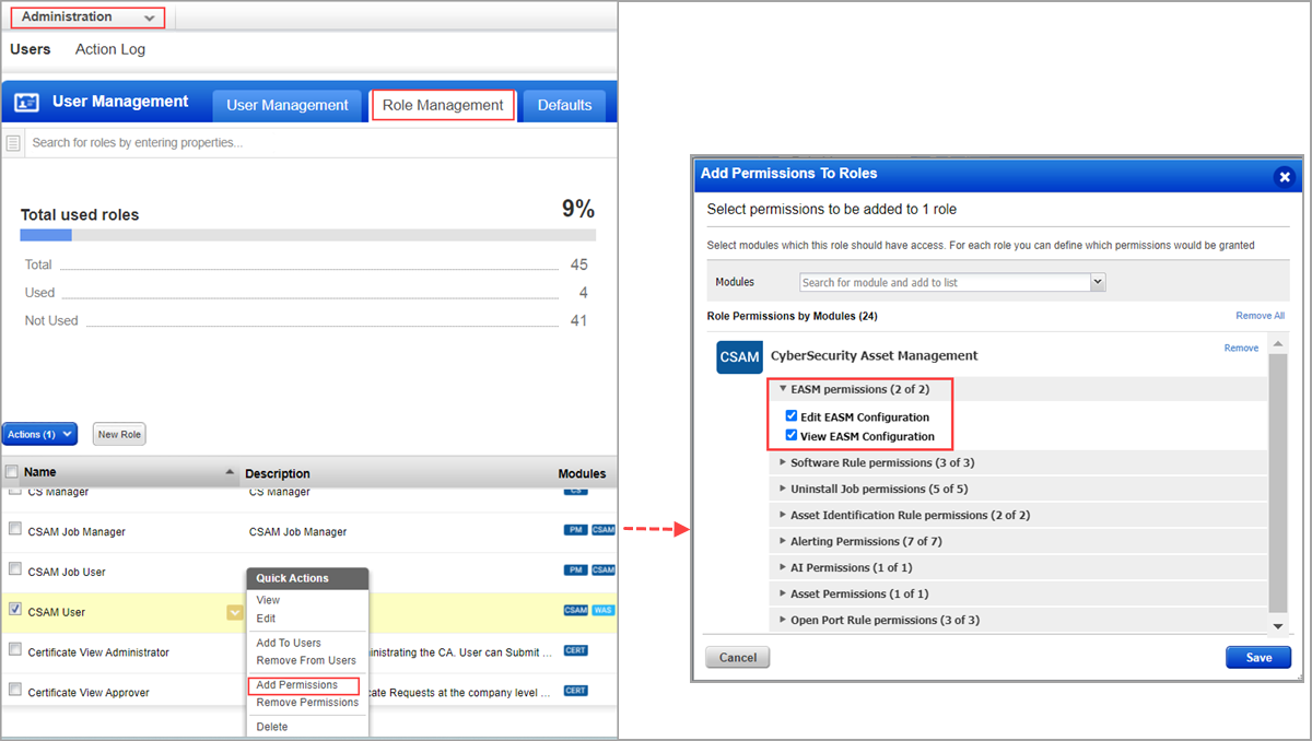EASM Permissions from Admin Module. 