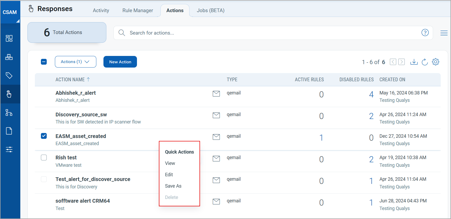 manage action screen.