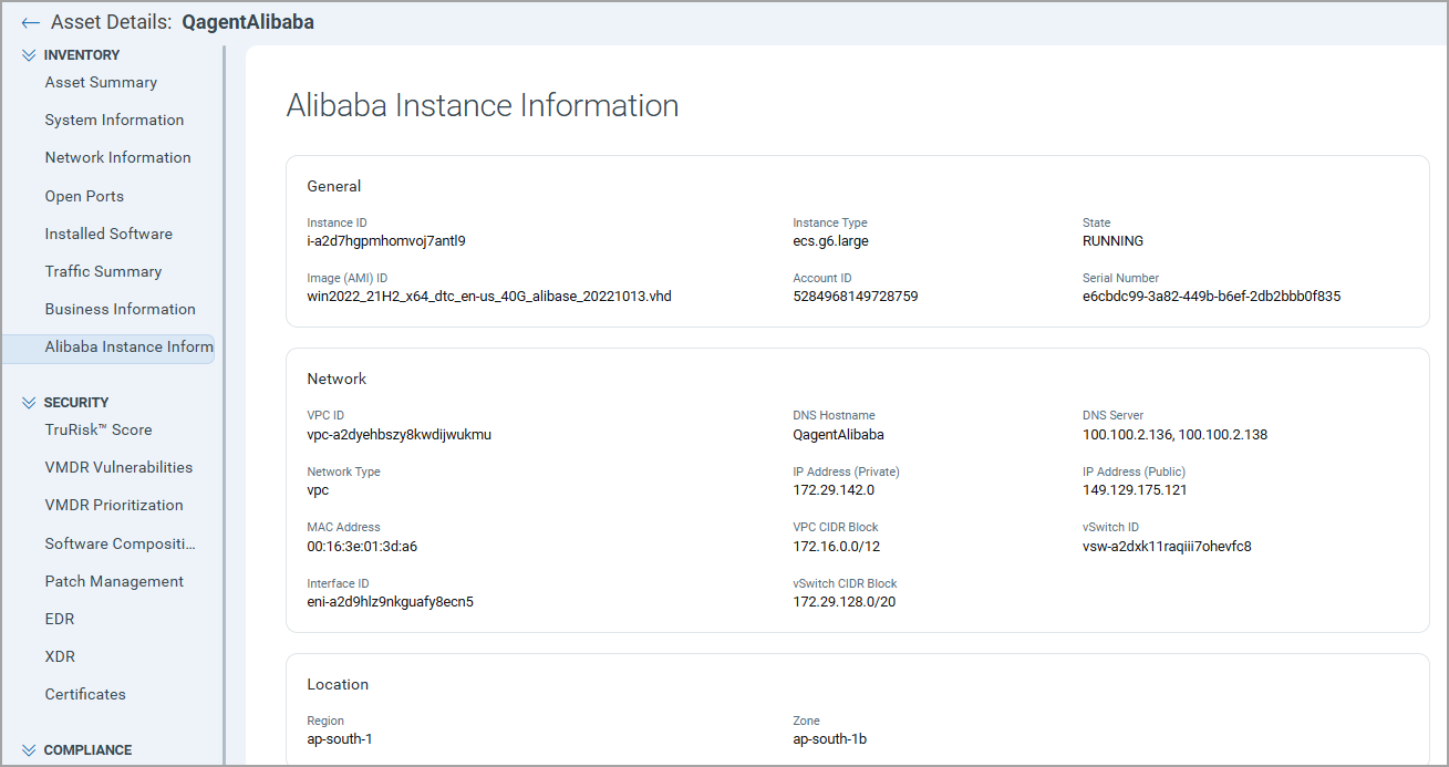 Alibaba instance details.