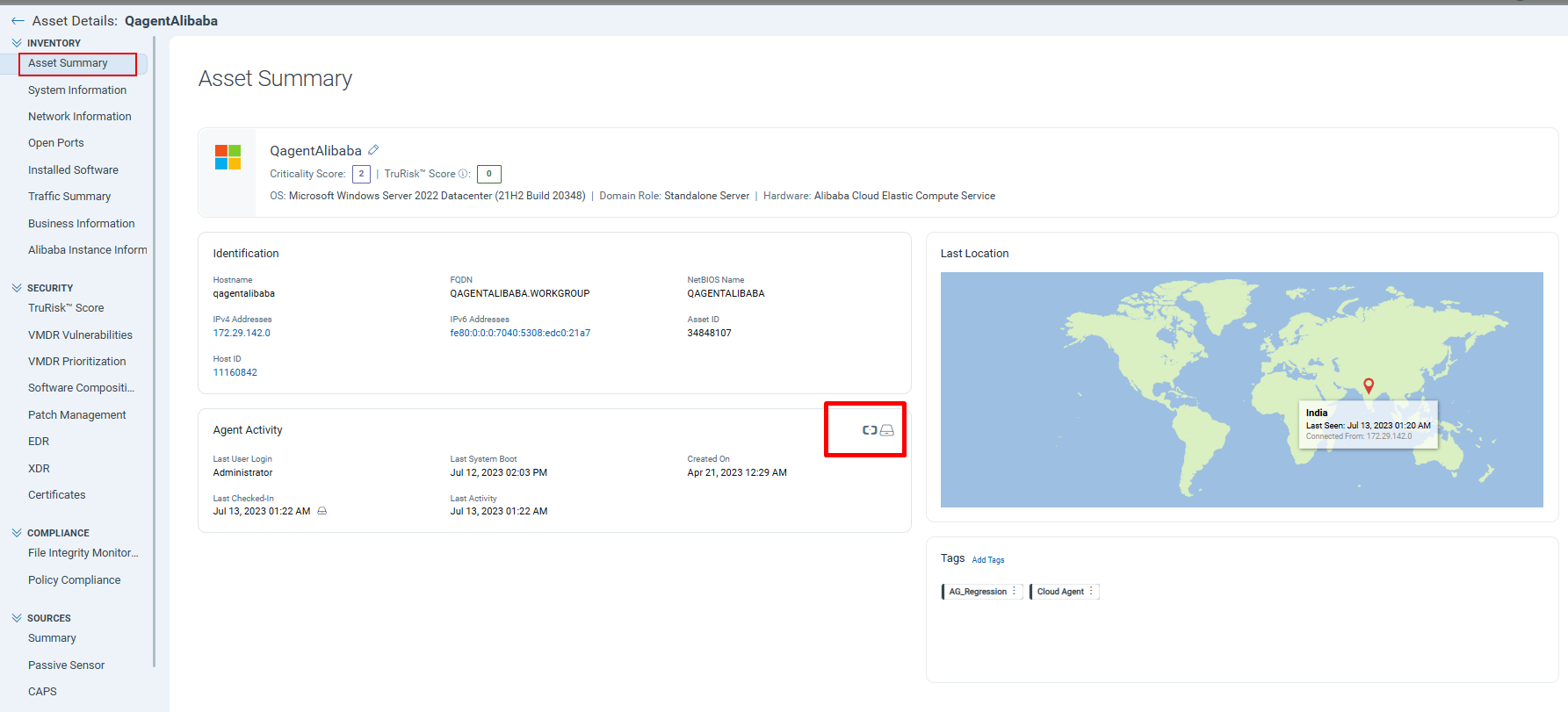 Cloud Agent and Alibaba icons on the Asset Summary tab.