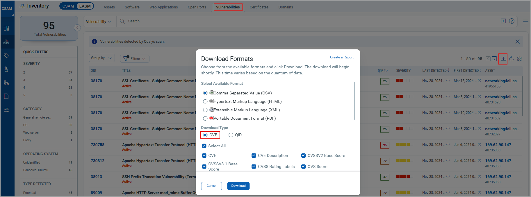 CVE and QID Download Types.