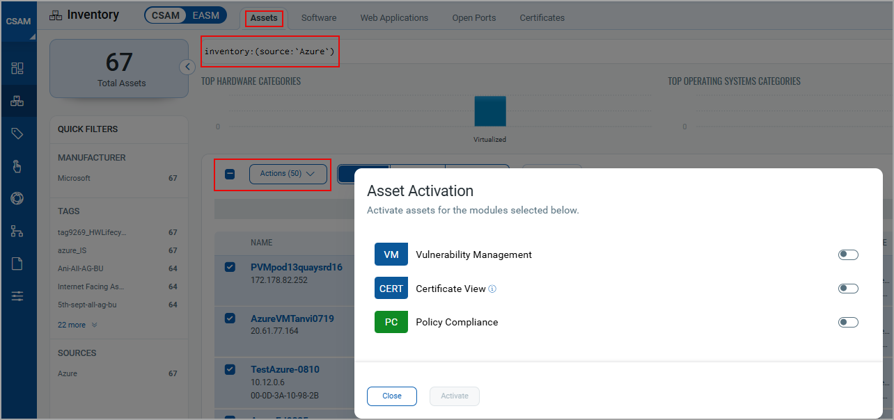 Multiple asset activation - Inventory Source Azure.