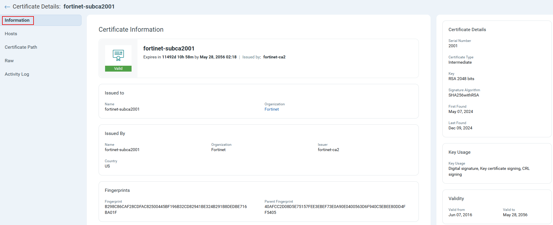 Certificate Details - Information tab.